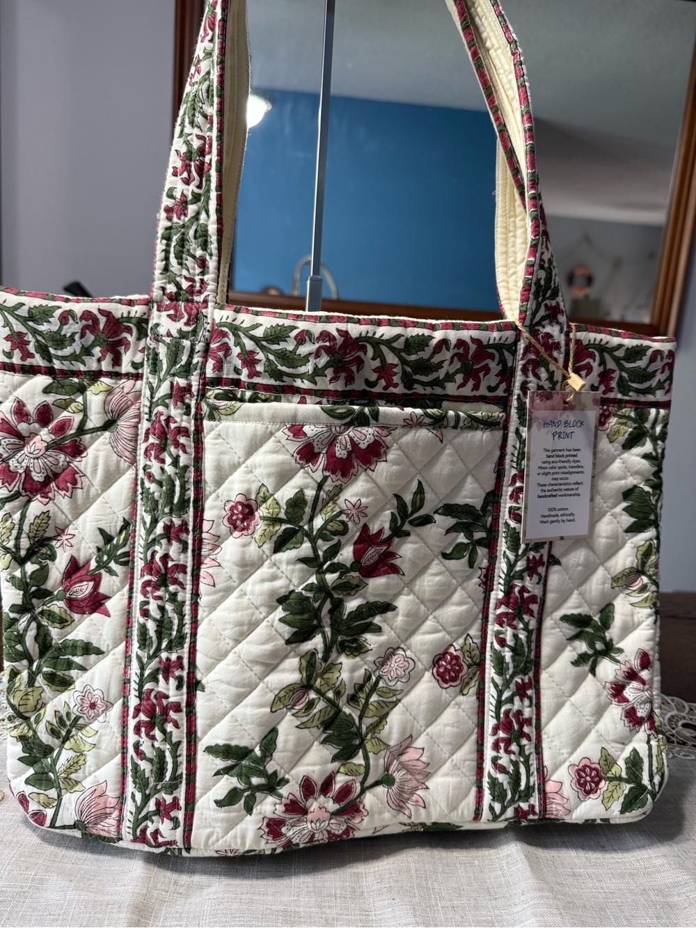 Vera Bradley Quilted Floral Tote Bag - Ivory, Pink & Green